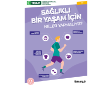 Beyaz dikdörtgen arka fonun ortasında mor renkli lise afişi var. Afişin kapağında koşan bir adam var. Fotoğrafın üstünde beyaz renkte "Sağlıklı bir yaşam için neler yapmalıyız?" yazıyor.