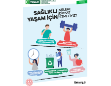 Beyaz dikdörtgen arka fonun ortasında mavi renkli ortaokul afişi var. Afişin kapağında çeşitli sağlıklı aktiviteler yapılıyor. Afişin üstünde siyah renkte "Sağlıklı yaşam için nelere dikkat etmeliyiz?" yazıyor.