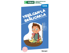 Beyaz dikdörtgen arka fonun ortasında mavi renkli ilkokul broşürü var. Broşürün kapağında masada sağlıklı meyve ve sebzeleri yiyen Yeşilcan yer alıyor. Broşürün üstünde beyaz renkte "Yeşilcan'la Sağlıcakla" yazıyor.