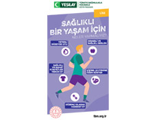 Beyaz dikdörtgen arka fonun ortasında mor renkli lise broşürü var. Broşürün kapağında koşan bir adam var. Fotoğrafın üstünde beyaz renkte "Sağlıklı bir yaşam için neler yapmalıyız?" yazıyor.