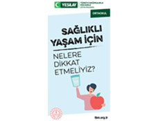 Beyaz dikdörtgen arka fonun ortasında mavi renkli ortaokul broşürü var. Broşürün kapağında bir elinde elma bir elinde su bardağı tutan kadın yer alıyor. Broşürün üstünde siyah renkte "Sağlıklı Yaşam için Nelere Dikkat Etmeliyiz?" yazıyor.