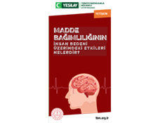 Beyaz dikdörtgen arka fonun ortasında kırmızı renkli yetişkin broşürü var. Broşürün kapağında insan beyni ve kalp ritmi simgeleri yer alıyor. Fotoğrafın üstünde beyaz renkte "Madde bağımlılığının insan bedeni üzerindeki etkileri nelerdir?" yazıyor.