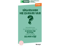 Beyaz dikdörtgen arka fonun ortasında yeşil renkli yetişkin broşürü var. Broşürün kapağında büyük yeşil bir soru işareti var. Fotoğrafın üstünde yeşil renkte "Sigaranın Ne Zararı Var? , Sigaradan Dünyada Her Yıl 8 Milyon Kişi Ölüyor, Yani Günde 22.000 Kişi" yazıyor.